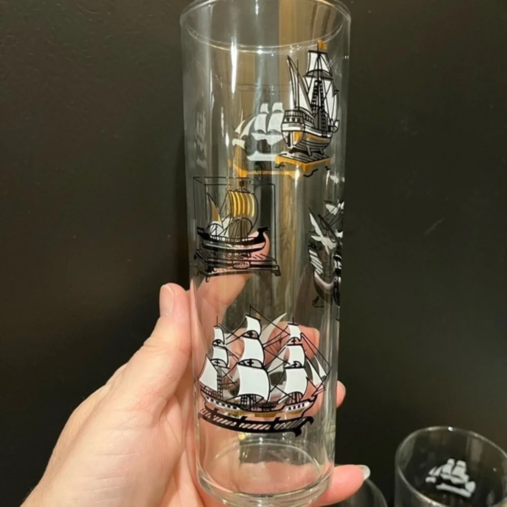 Vintage Libbey Nautical Tall Ship Design Hi Ball Glasses Set of 4
